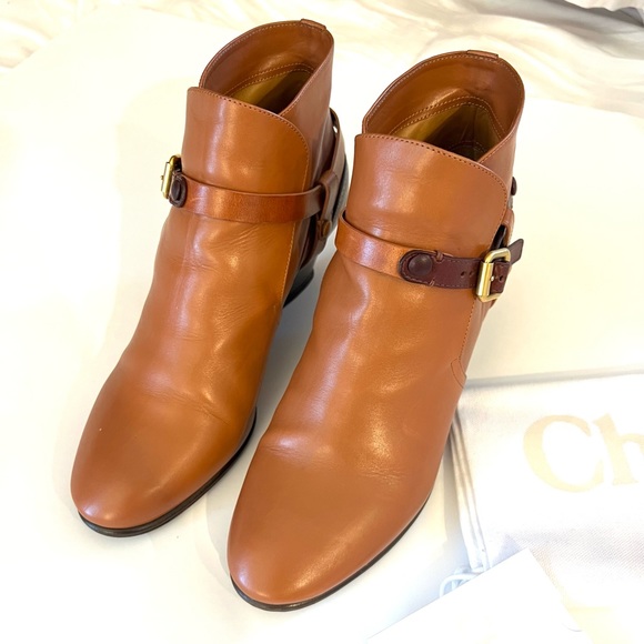 Chloe camel tan saddle wedge bootie boot leather brown buckles 39 9 auto card - Picture 6 of 9
